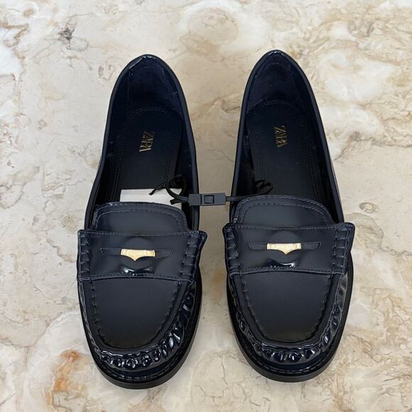 NWT Zara Classic Penny Loafers Blue Patent Faux Leather - Picture 3 of 10